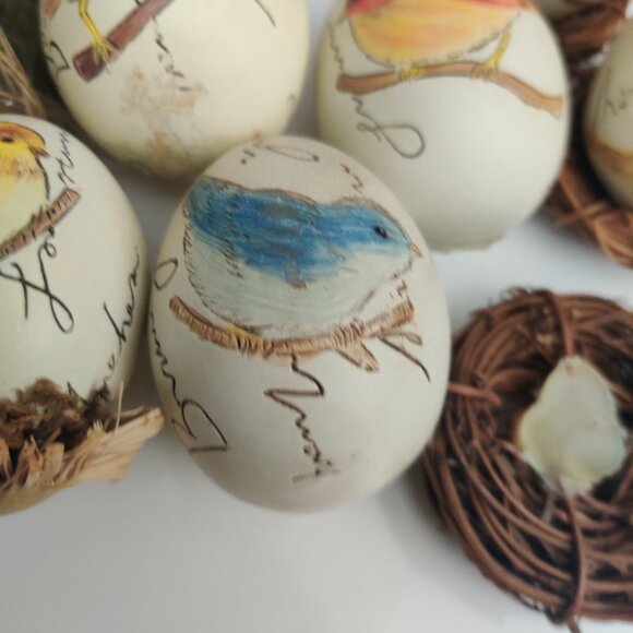 6 Ceramic Painted Bird Egg in Nest Artisan Farmhouse Decor 3.5" For Craft DIY - Picture 3 of 16
